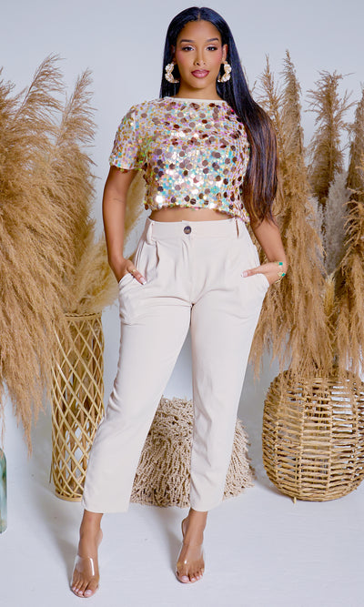 Chic Buttoned Elegance | High-Waist Trousers - Taupe - Cutely Covered