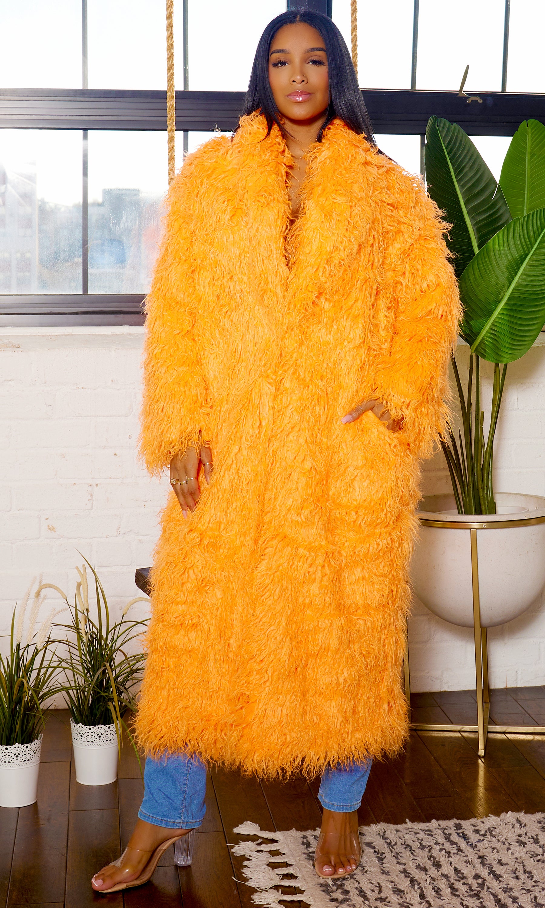 Orange Faux Fur Coat Cutely Covered