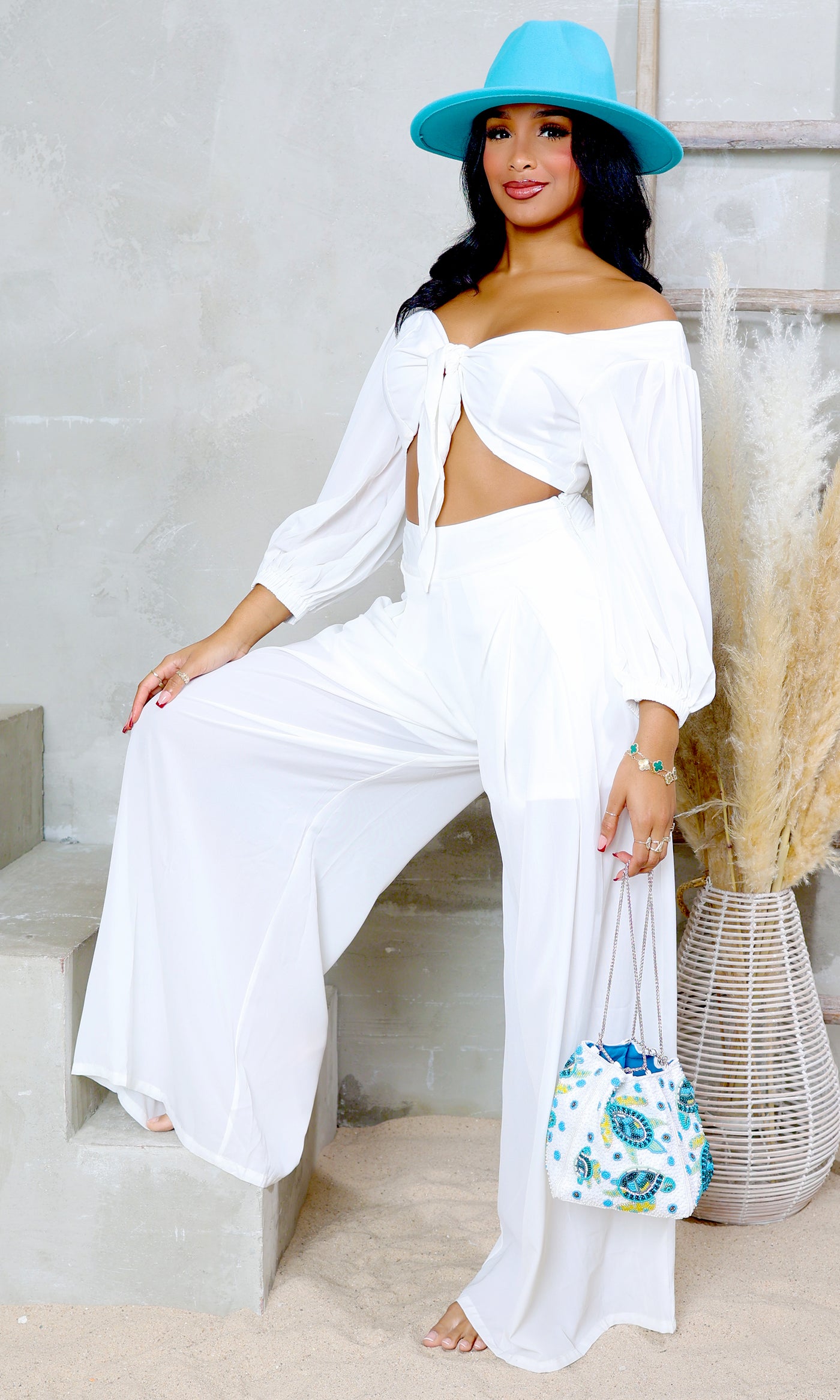 Twist Harmony Crop Top & Palazzo Pants Set - White - Cutely Covered