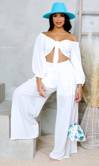 Twist Harmony Crop Top & Palazzo Pants Set - White - Cutely Covered