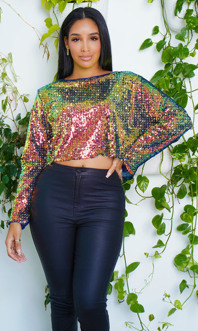 Metallic Sequin Bubble-Sleeve Top(Multicolored) - Cutely Covered