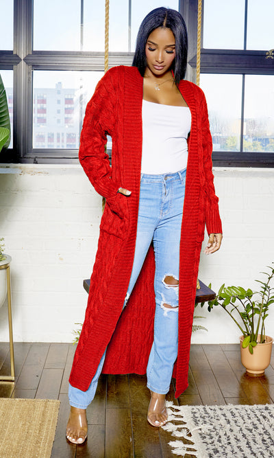 Cable Knit Cardigan - Red - Cutely Covered