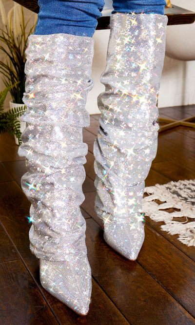 Sequins Point Toe  Boots - Silver - Cutely Covered