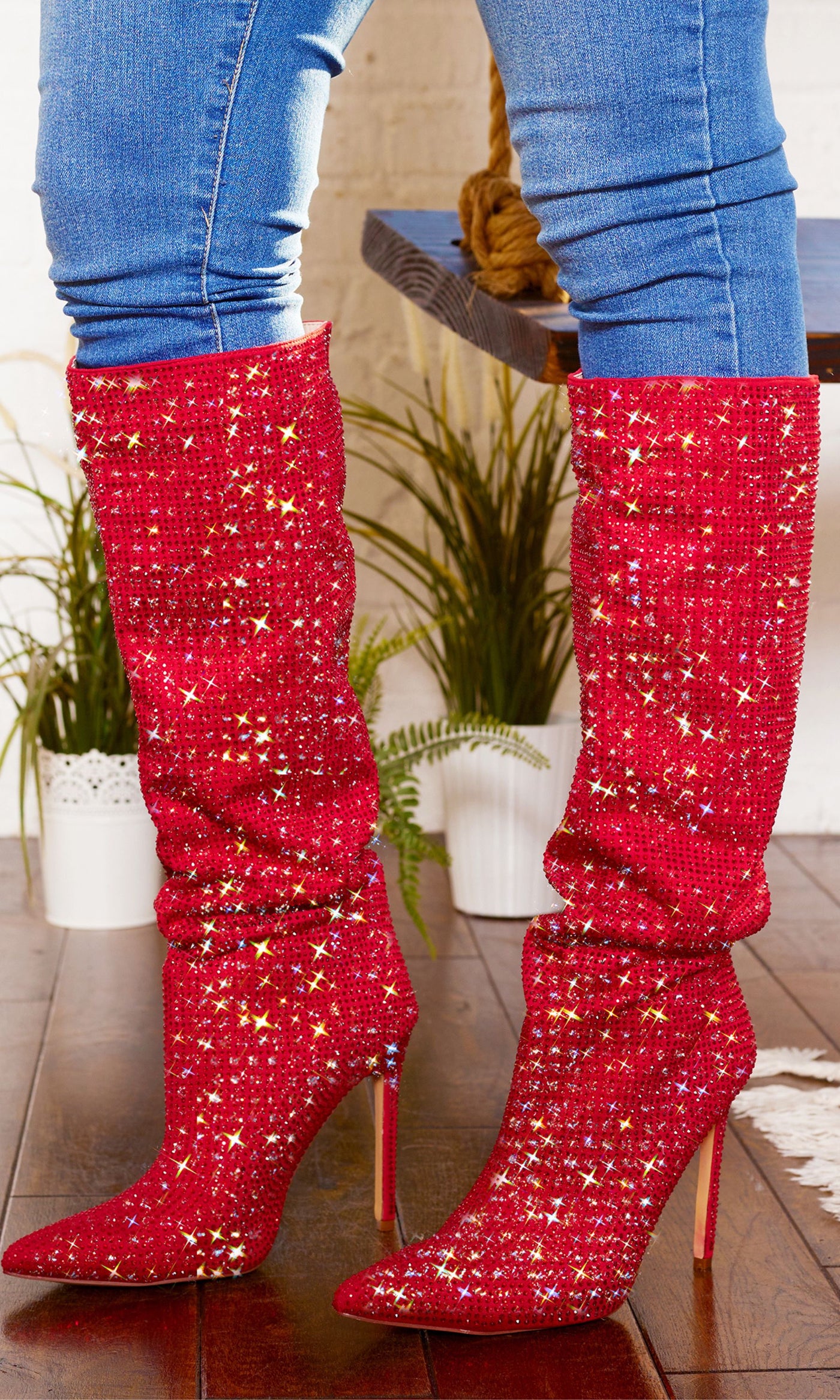 Red Bling Point Toe  Boots - Cutely Covered