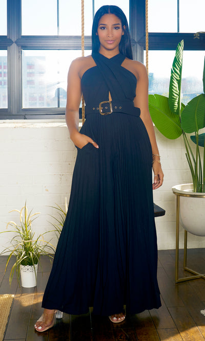 Pleated Wide Leg Belted Jumpsuit - Black - Cutely Covered