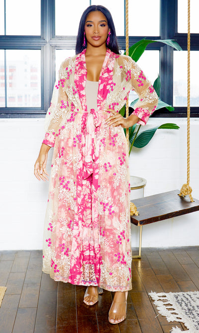 Enchanted Garden | Embroided Kimono - Pink Floral - Cutely Covered