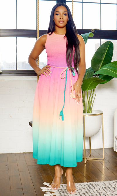 Dreamy | Ombre Tie Waist Dress - Pink Teal - Cutely Covered