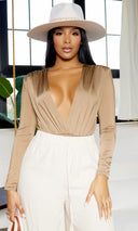 Brooke | Deep V Bodysuit - Mocha - Cutely Covered