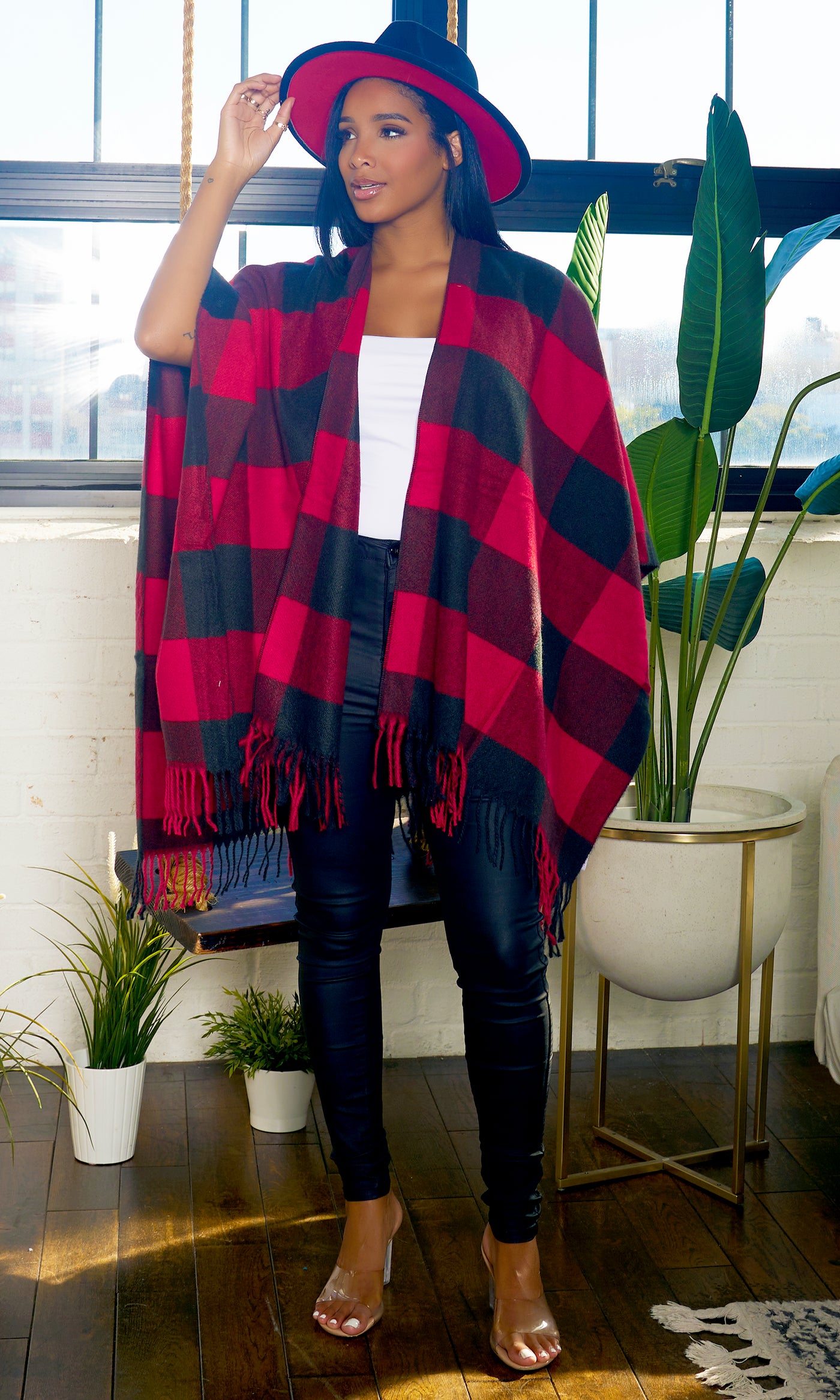 Check Plaid Ruana Shawl Wrap - Red - Cutely Covered