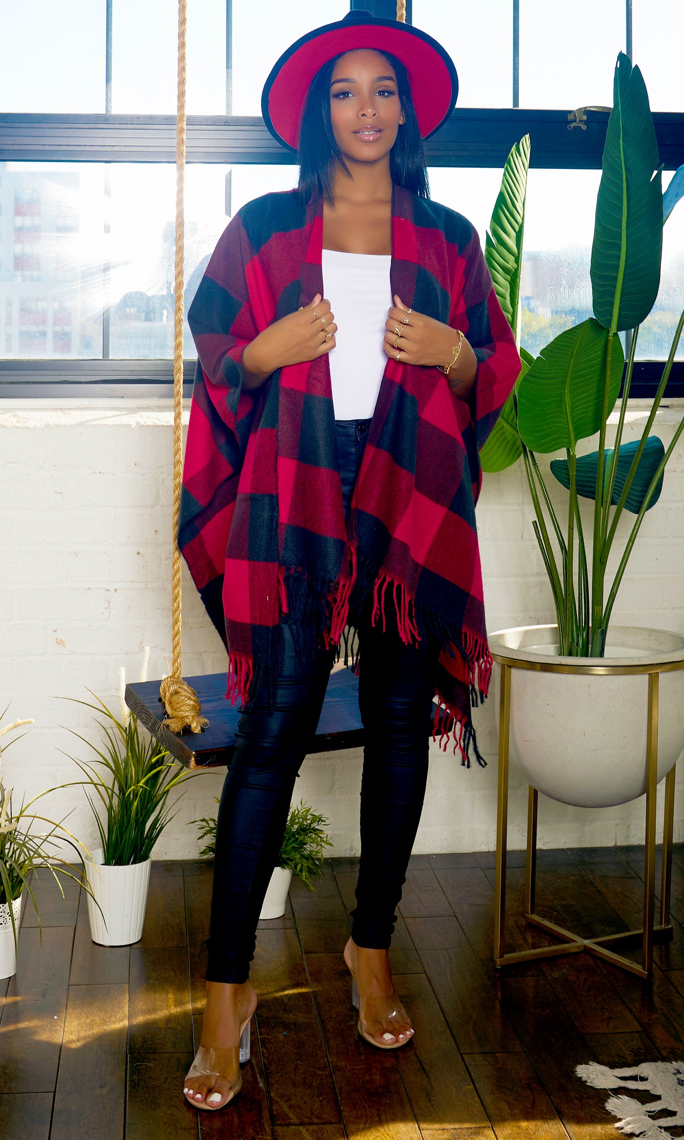 Check Plaid Ruana Shawl Wrap - Red - Cutely Covered