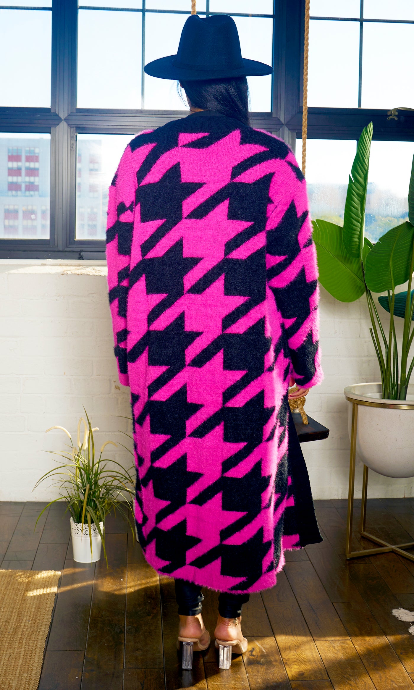Houndstooth Detail Cardigan - Pink - Cutely Covered