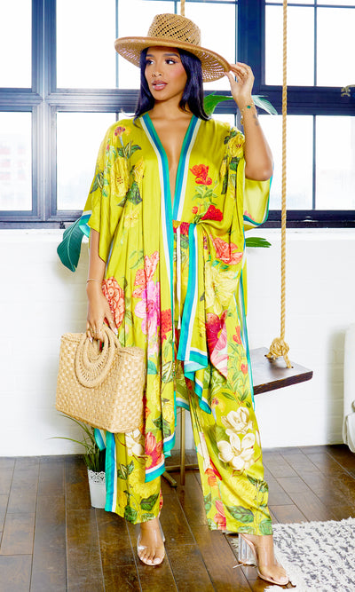 Beaded Kimono and Pants Set - Olive Floral - Cutely Covered