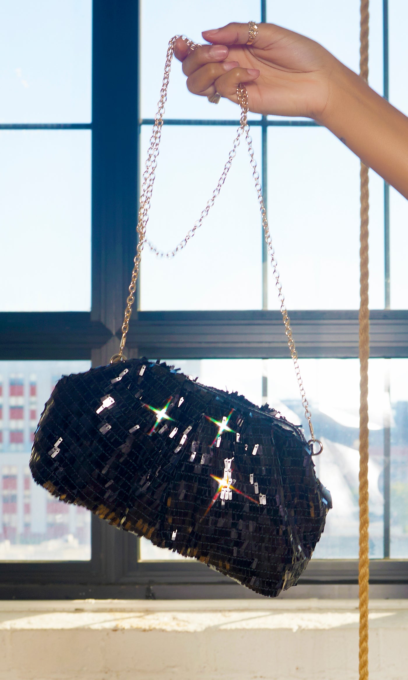Black Sequins Gold Strap Clutch Bag - Cutely Covered