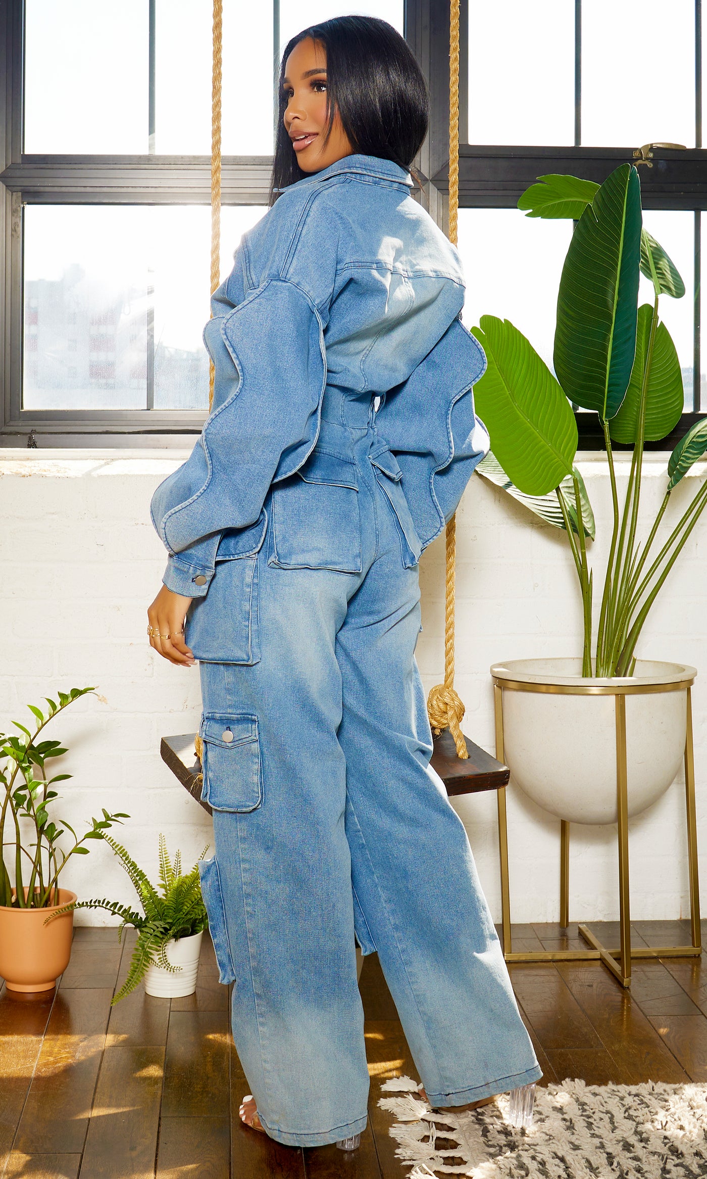 Long Wave Sleeve Cargo Denim Jumpsuit - Medium Wash PREORDER Ships End October - Cutely Covered