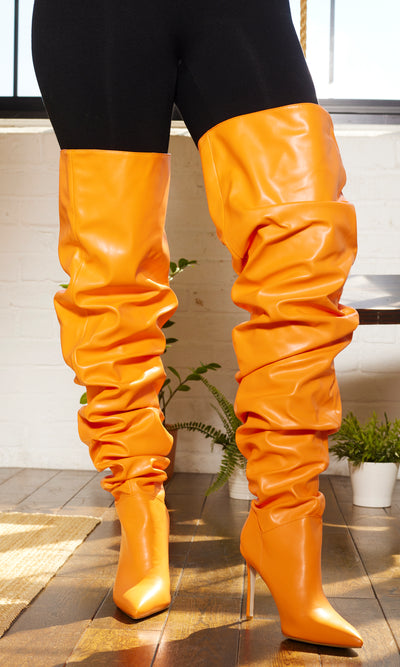 Orange Faux Leather Runched Boots PREORDER Ships Early October - Cutely Covered