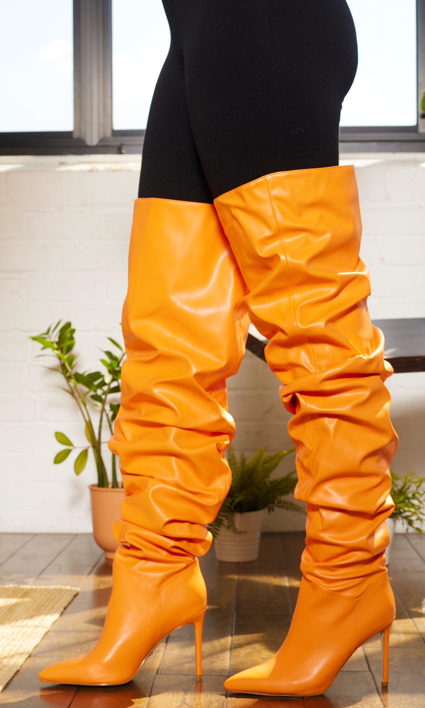 Orange Faux Leather Runched Boots PREORDER Ships Early October - Cutely Covered