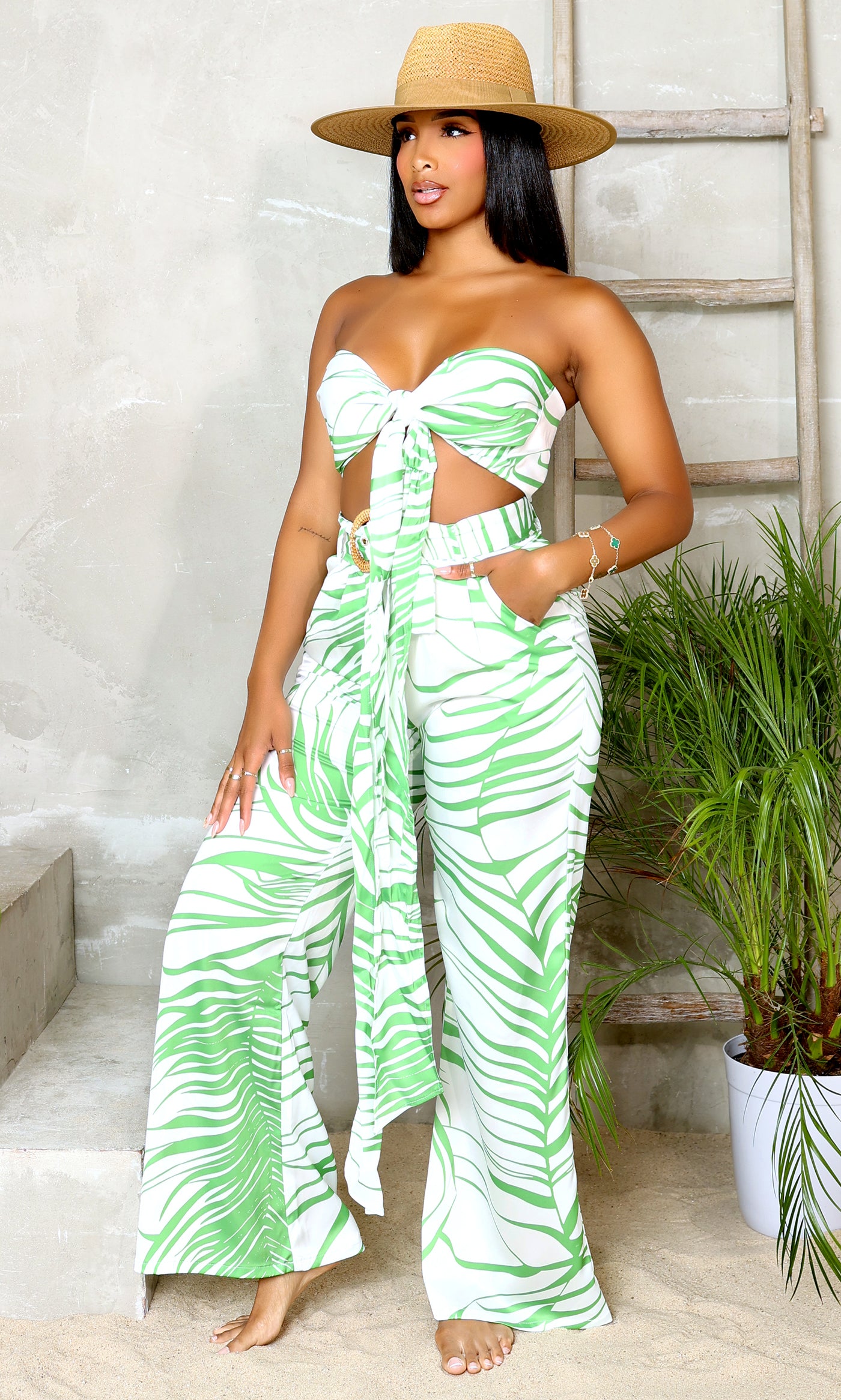 Hawaiian Haven | Halter Top Pants Set - Lime Green