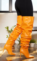 Orange Faux Leather Runched Boots PREORDER Ships Early October - Cutely Covered