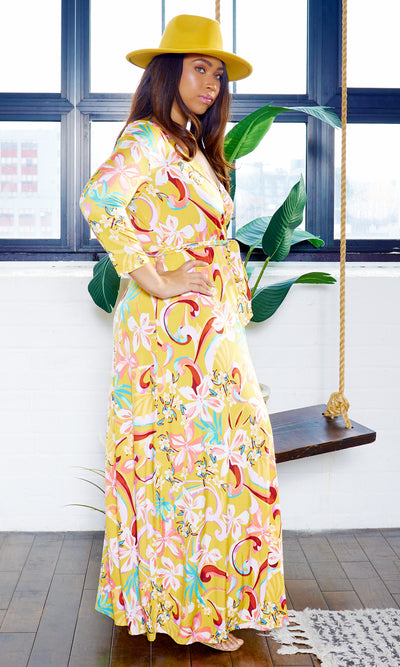 Blessed and Beautiful l  Stretch Maxi Dress - Mustard Floral - Cutely Covered