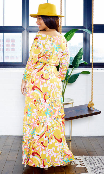 Blessed and Beautiful l  Stretch Maxi Dress - Mustard Floral - Cutely Covered