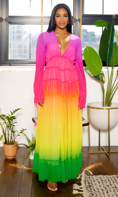 Alicia | Ruffle Ombre Maxi Dress  - Purple Rainbow - Cutely Covered