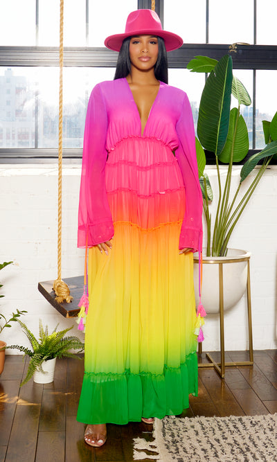 Alicia | Ruffle Ombre Maxi Dress  - Purple Rainbow - Cutely Covered