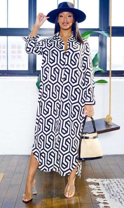 Geometric Pattern | Button Down Maxi Dress - Black - Cutely Covered