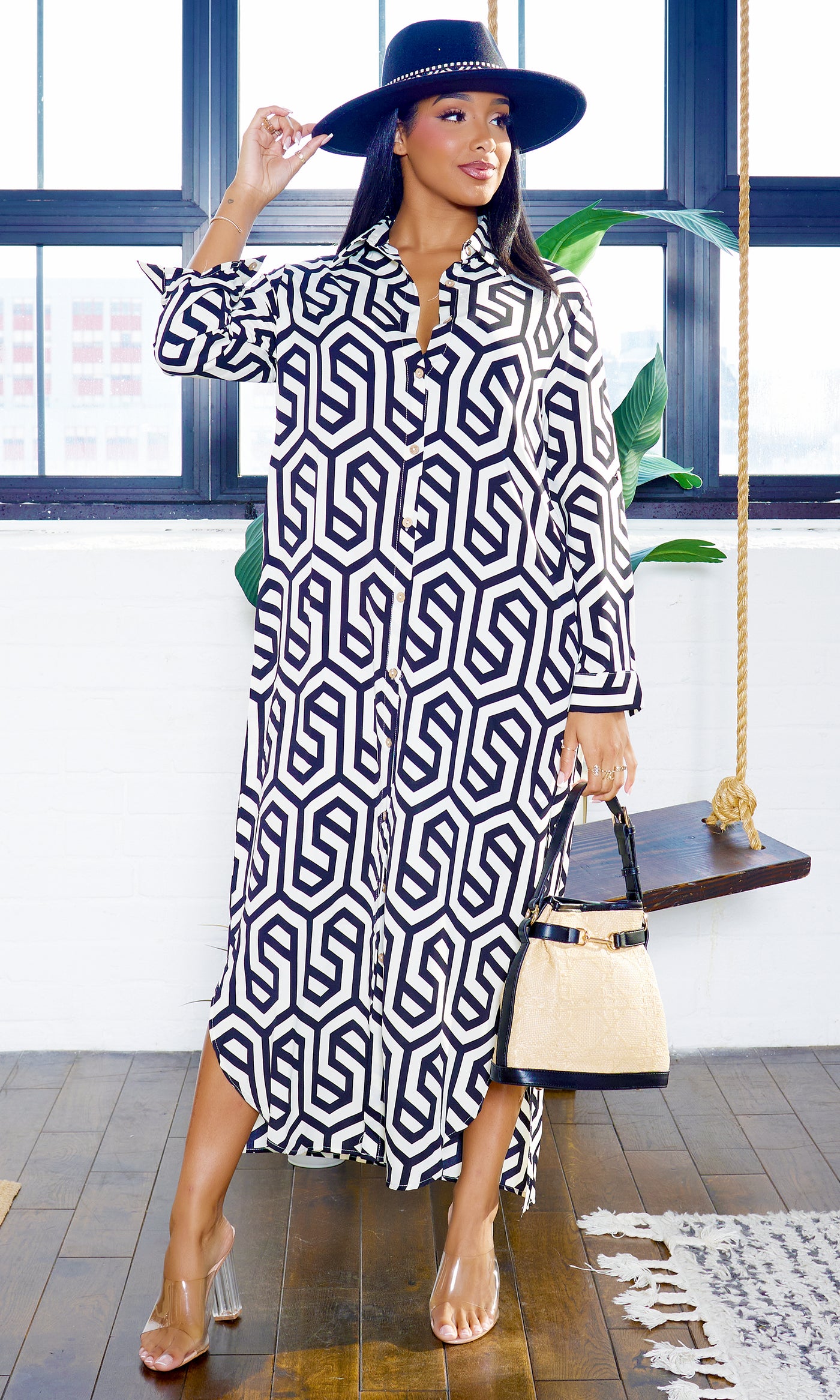 Geometric Pattern | Button Down Maxi Dress - Black - Cutely Covered