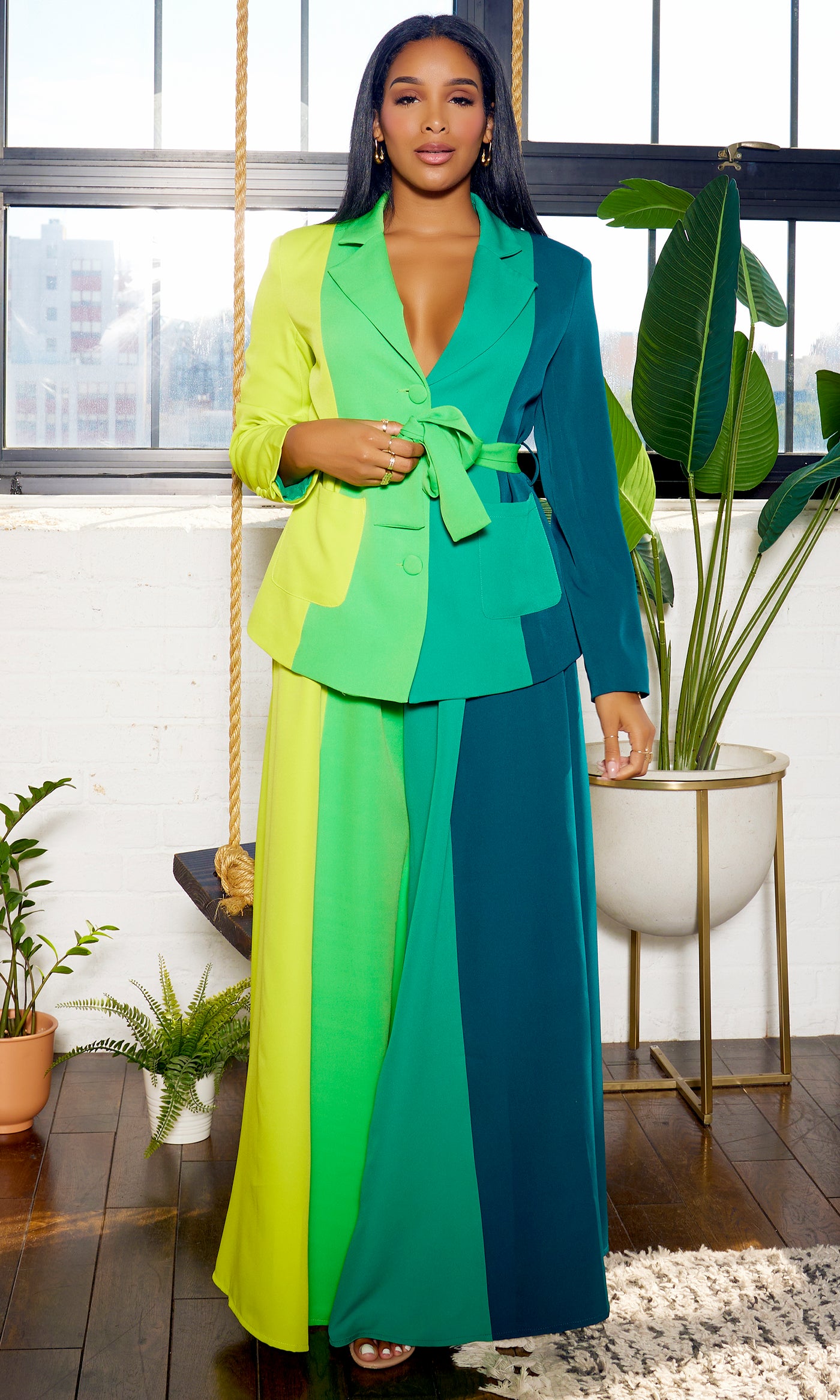 Got Her Own | Color Block Skirt Suit Set. - Green - Cutely Covered