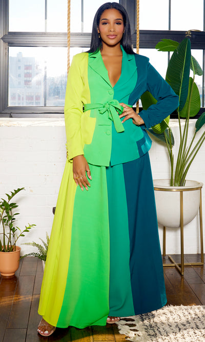 Got Her Own | Color Block Skirt Suit Set. - Green - Cutely Covered