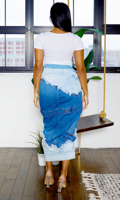 Denim Side Slit Skirt - Blue Combo - Cutely Covered