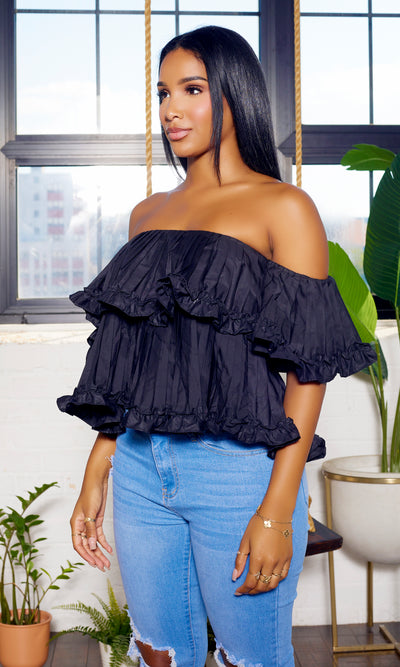 Black Ruffle Layered off the shoulder Top - Cutely Covered