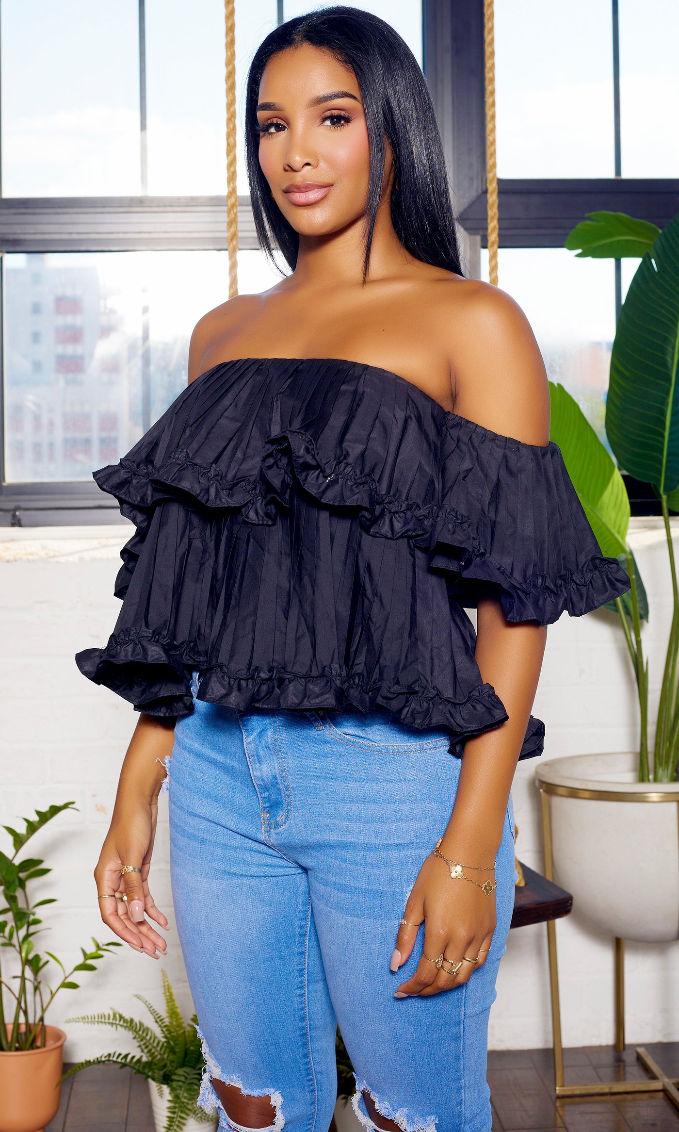 Black Ruffle Layered off the shoulder Top - Cutely Covered