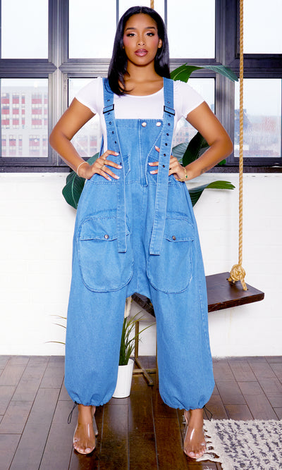 Balloon Denim Overall Jumpsuit - Blue - Cutely Covered