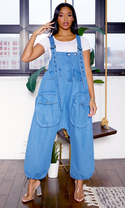 Balloon Denim Overall Jumpsuit - Blue - Cutely Covered