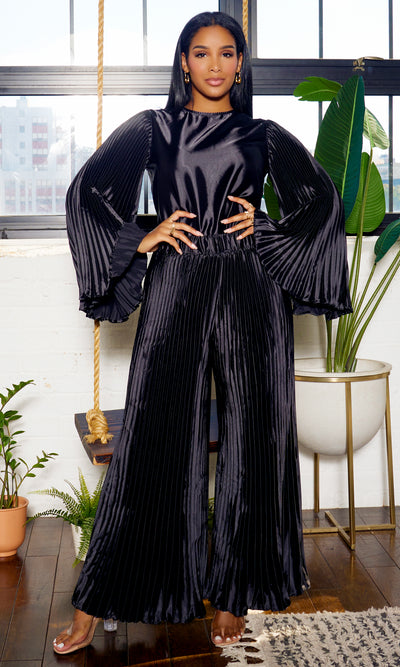 Pleated Chic | Long Sleeves Satin Set - Black - Cutely Covered