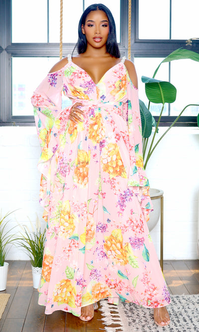 Exquisite | Bell Sleeve Cutout Maxi Floral Dress - Pink