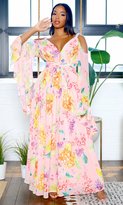 Exquisite | Bell Sleeve Cutout Maxi Floral Dress - Pink