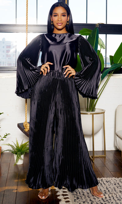 Pleated Chic | Long Sleeves Satin Set - Black - Cutely Covered