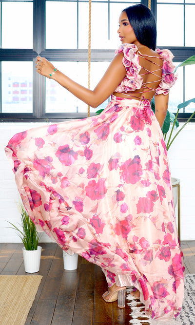 Divine Floral | Lace Back Maxi Dress - Apricot