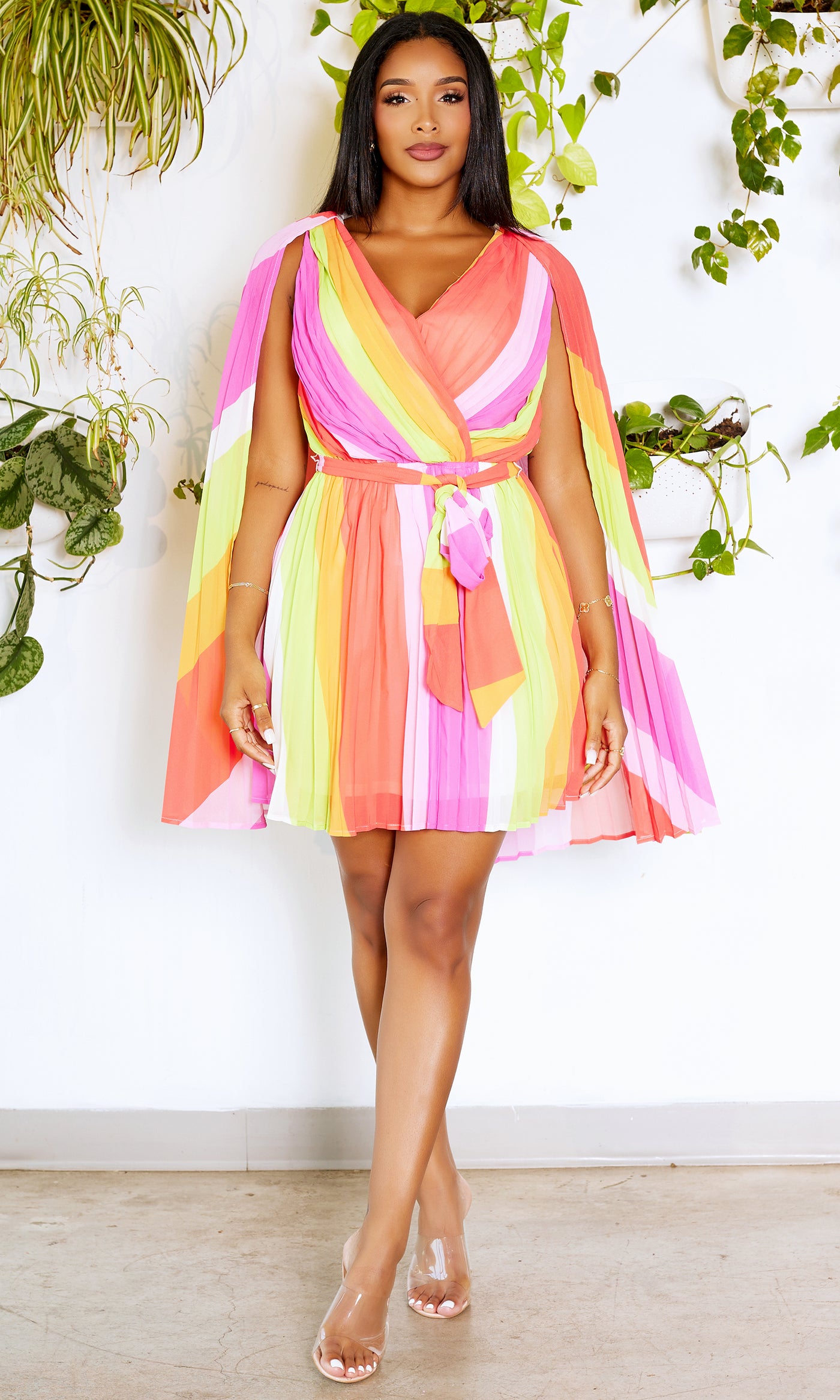 Colorful Cape Dress - Red/Lime/Magenta - Cutely Covered