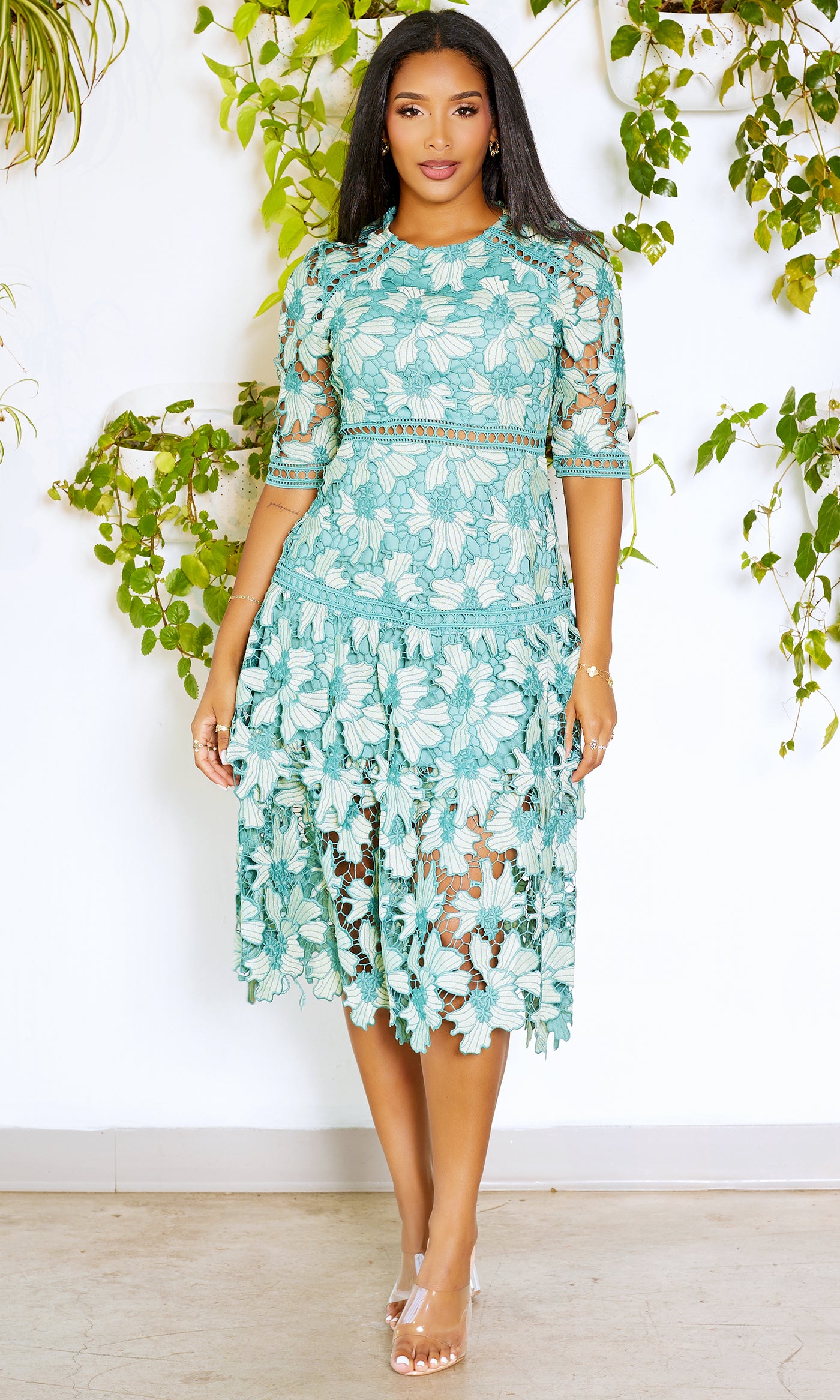 Tiered Lace Dress - Sage - Cutely Covered