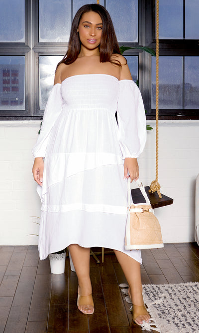 Belle Fleur | Off-Shoulder Midi Dress - White - Cutely Covered
