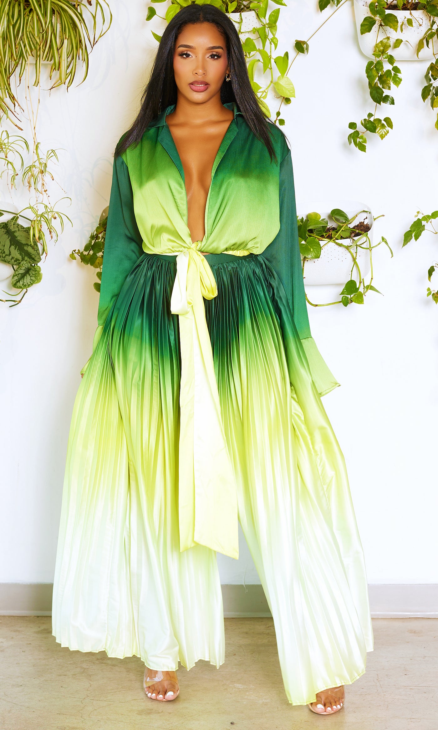 OMG | Ombre Pleated Pants Set - Green - Cutely Covered