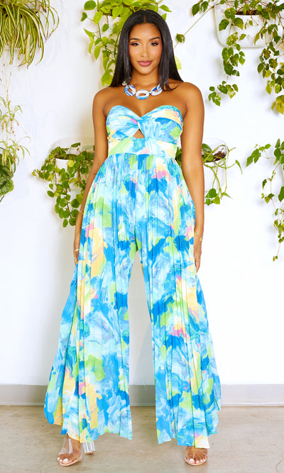 She's Popping | Print Pleated Jumpsuit - Blue Green - Cutely Covered