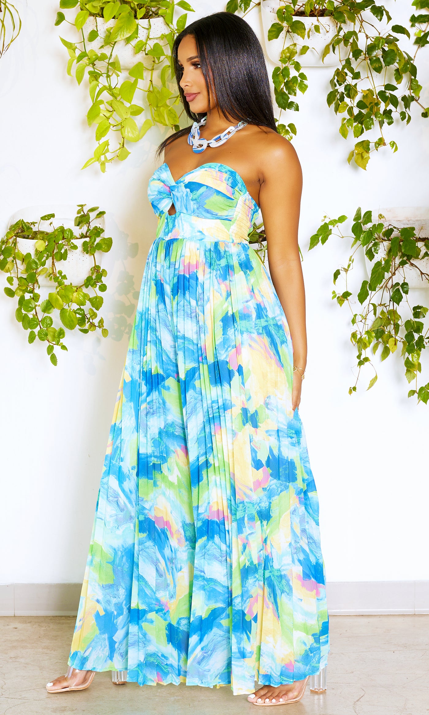 She's Popping | Print Pleated Jumpsuit - Blue Green - Cutely Covered