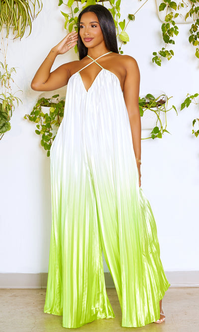 Wide Leg Ombre Pleated Jumpsuit - Lime - Cutely Covered