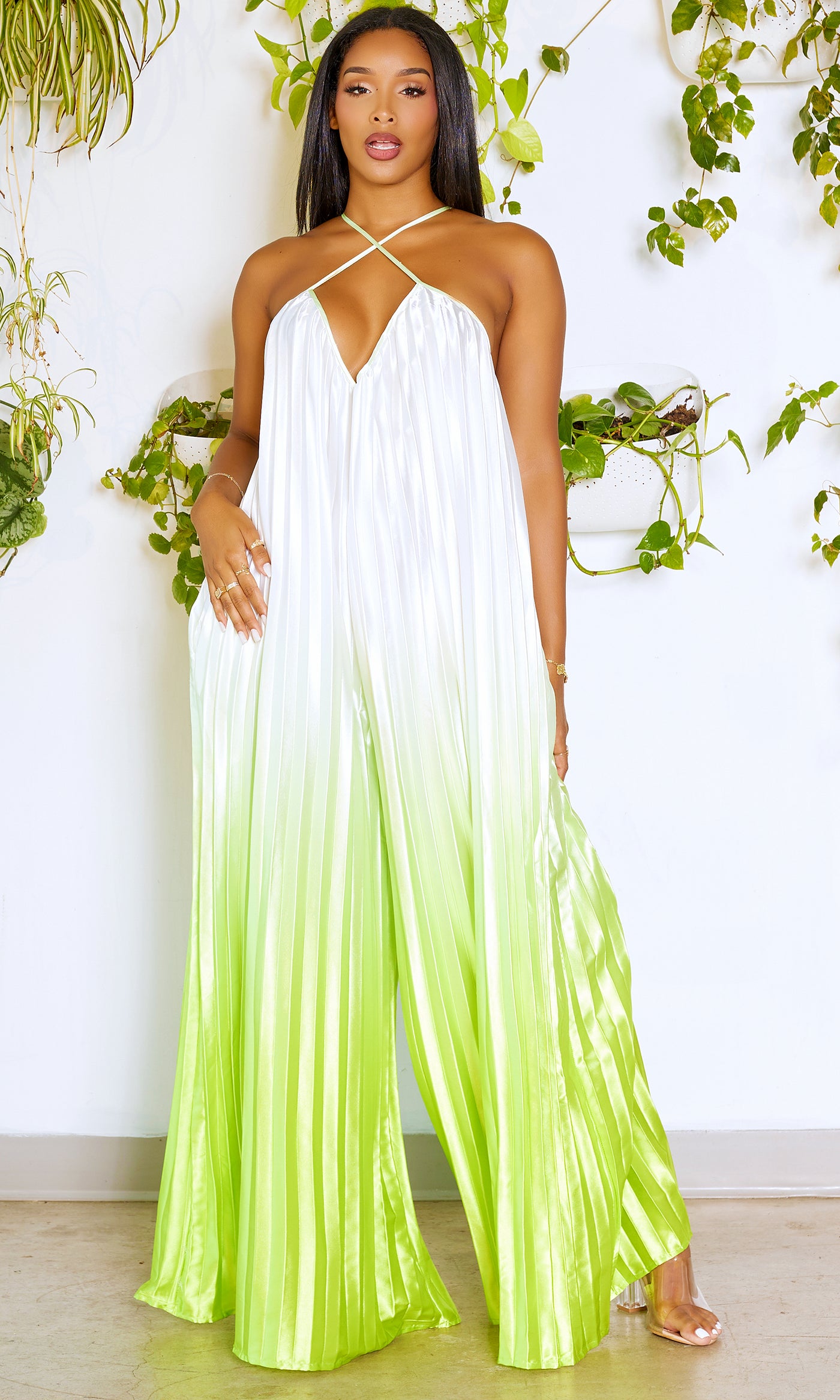 Wide Leg Ombre Pleated Jumpsuit - Lime - Cutely Covered