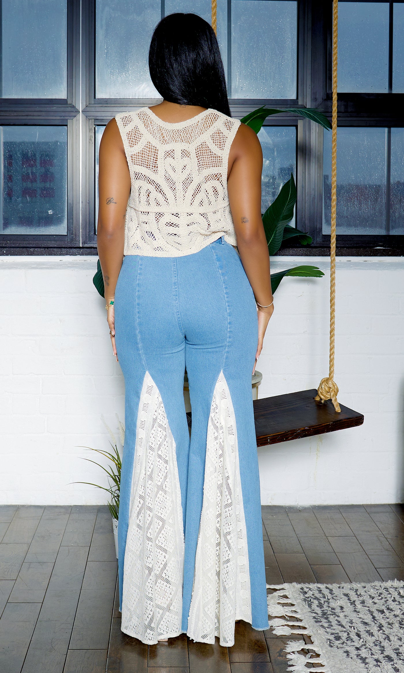 Bell Bottom Pants with White Lace - Light Denim PREORDER Ships Early April - Cutely Covered