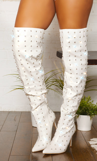 Girl's BFF | Studded Thigh High Boots - White - Cutely Covered